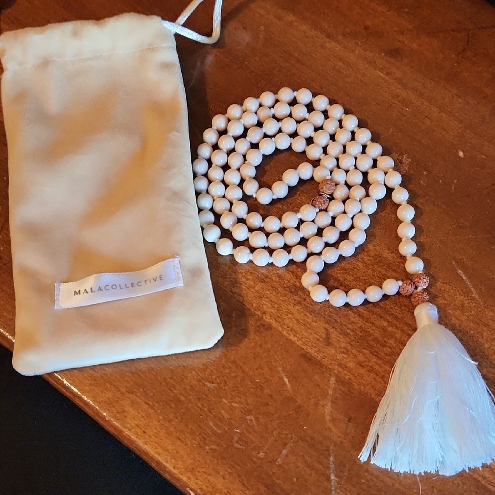 Mala White Jasper Necklace with Tassel And Dust Bag